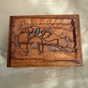 Wooden Box with Carved Bear Design and Turquoise Accent